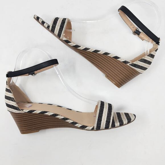 Ann Taylor Factory Wedge Sandals Women 9M Cream Black Striped Ankle Strap Shoes - Picture 6 of 10